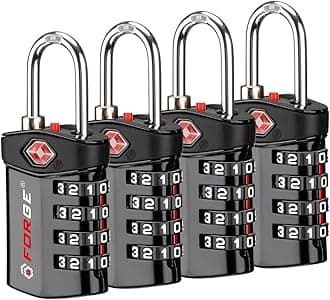Forge 4 Digit TSA Approved Luggage Lock, 4 Pack Black, Inspection Indicator, Alloy Body