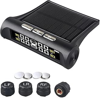 Skypearll Car Tire Pressure Monitor Systems with Clock, Solar Power and USB Charge, 4 External Sensors PSI and Temperature Safety Alarm Display, TPMS for Cars