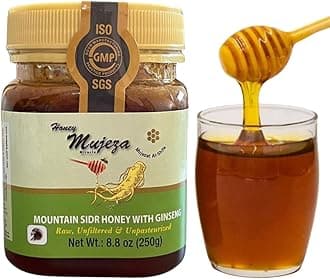 Mujeza Raw Mountain Sidr Honey with Red Korean Ginseng Royal Jelly Bee Propolis Palm Pollen Black Seed Powder 250g/8.8oz - Immune Booster, Sugar & Gluten Free - Men & Women - Mujezat Al-Shifa