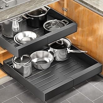 Expandable Slide Out Cabinet Organizer Shelf with Adhesive Film - For Kitchen, Pantry, Bathroom Storage