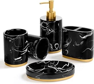 Bathroom Accessories Set, 5 Piece Decorative Marble Collection Bath Accessory Set, Includes Toothbrush Holder, Liquid Soap Dispenser, Soap Dish, 2 Tumblers, Ink Black