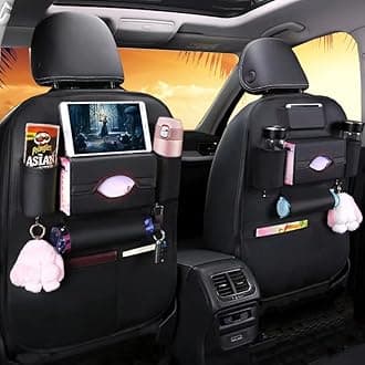 ASENDIWAY Backseat Car Organizer, Universal Car Backseat Organizers PU Leather Travel Storage Bag Holder Pocket Back Seat Protector Kick Mats Car Seat Back Organizer for Kids Black