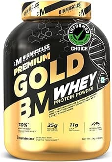 Bigmuscles Nutrition Premium Gold Whey [2Kg] | Informed Choice UK Certified | Isolate Whey Protein Blend | 25g Protein | 11g EAA | ProHydrolase Enzyme Technology [Chocolate]