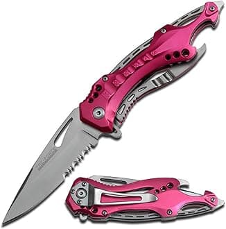 Folding Pocket Knife, 3.25-inch Serrated Blade, Pink Aluminum Handle, 7.75-inch Overall Length TF-705PK