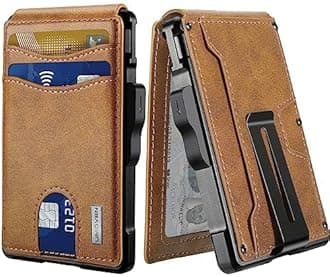 umoven Wallet for Men - with Money Clip Slim Leather Slots RFID Blocking Bifold Minimalist Wallet, Brown, Minimalist