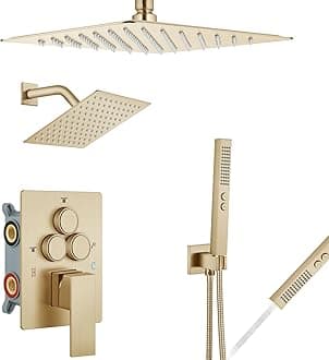Aolemi Shower Fitting Set Ceiling Mount Push Button Diverter Shower System 10 Inch and 6 Inch Dual Shower Head 2 in 1 Hand Shower Rough-in Valve and Shower Trim Kit Brushed Gold