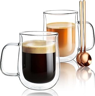 Double Walled Glass Coffee Mugs 16 OZ, Borosilicate Glass Coffee Cups Set of 2 with Spoons, Insulated Clear Coffee Mug for Hot Beverages, Cappuccino, Latte, Tea Bag.