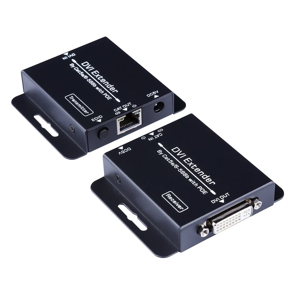 DVI Extender over Single CAT5e/6 Ethernet Cable with Audio 1080 Transmitter & Receiver with IR DVI-D to RJ45 Network Signal Amplifier Adaptor PoE Power