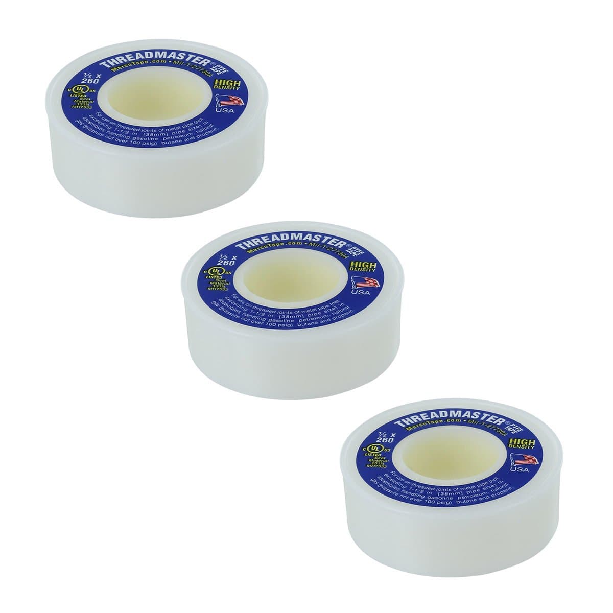 M 66 Threadmaster Teflon Thread Tape 1/2 in x 260in - 3 Pack | Premium Grade PTFE Teflon Tape Plumbing | Water Sealant Pipe Tape | Plumbers Tape for Shower Head and Secure Sealing