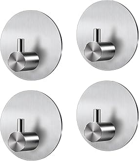 JS Self Adhesive Hooks 4 Pack Towel Holders for Bathroom Stainless Steel Hooks for Hanging,Silver Kitchen Shower No Drilling