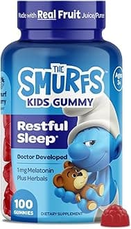 The Smurfs Gummies for Kids with Chamomile & Lemon Balm for a Restful Sleep Age 3+ | Non-Habit Forming | Made with Real Fruit in a Smurf Berry | Doctor Developed | 100 Gummies (100 Count, Melato)
