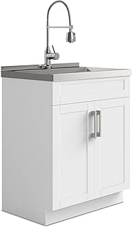 SIMPLIHOME Hennessy All-in-One 28 inch Wide Utility Sink and Laundry Cabinet in Pure White Finish, Transitional Stainless Steel Sink Cabinet for Laundry Rooms with High-Arch Chrome Faucet and Storage