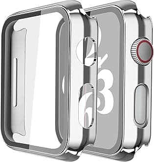 Misxi 2 Pack Hard PC Case with Tempered Glass Screen Protector Compatible with Apple Watch Series 6 SE Series 5 Series 4 44mm, 1 Sliver + 1 Transparent