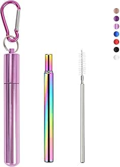 Foweroty1 Pack Collapsible Stainless Steel Drinking Straws, Metal Reusable Straws, Travel Retractable Straws with 1 Aluminum Case, 1 Cleaning Brush, and 1 Keychains, Cruise Ship Essentials(Pink)
