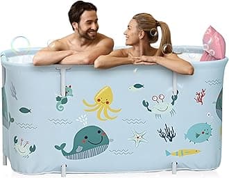 Warmiehomy Portable Foldable Bathtub for Adult,140x50X55cm Large Soaking Bathtub with Cushion and Backrest,Hot Bath Ice Bath SPA Tub for Shower,Freestanding Bathtub for Adults Kids,Ocean Style