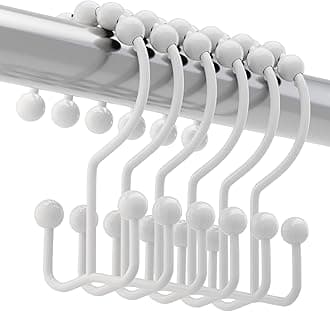 Titanker Shower Curtain Hooks Rings, Rust Resistant Metal Double Glide Shower Hooks for Bathroom Shower Rods Curtains, Set of 12 Hooks - White