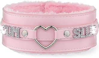 Pink Furry Heart O-ring Leather Choker Collar For Women, Handmade Punk Gothic Letter Necklace Adjustable Fashion Jewerly