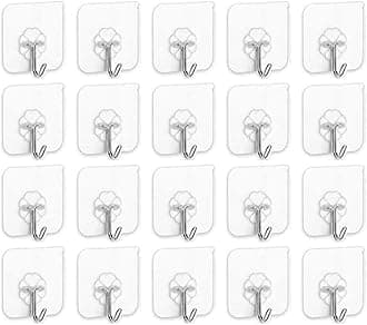 SKY TOUCH 20 Pieces Each Pack Heavy Duty Adhesive Wall Hooks, Waterproof and Oil Proof Ideal for Kitchen and Bathroom, Transparent