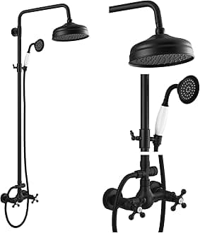 Exposed Shower Faucet System Set Matte Black 8 Rain Shower with Handheld Spray 2 Double Knobs Handle Dual Function Shower Fixture Combo System Unit Set