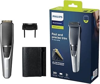 Philips Beard & Stubble Trimmer/Hair Clipper for Men BT3222/13, Series 3000, 20 Length Settings, 60 Min. Runtime, Self-Sharpening Metal Blades, UK 3-Pin Plug, Silver