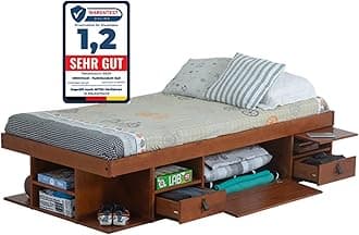 Functional Bed BALI - Stable bed with lots of storage and drawers, ideal for small bedrooms - Solid pine bed - Price incl. slatted bed base (Single 90x190cm, Color Maple)