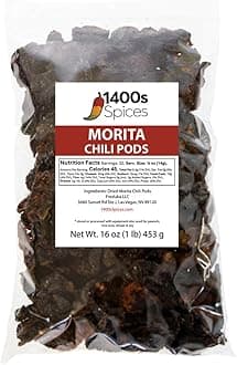 1lb Morita Chipotle Dried Whole Chile Peppers, Chili Seco Pods for Authentic Mexican Food, Heat-Sealed Resealable Bag by 1400s Spices
