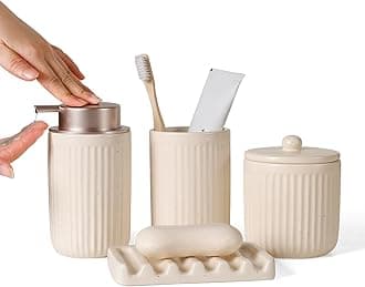 BosilunLife Bathroom Accessories Set - Ceramic Bathroom Set Bathroom Decor Sets Bathroom Counter Lotion Soap Dispenser and Toothbrush Holder Set, Soap Dish, Apothecary Jar (Striped Apricot)