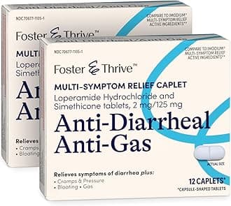 Anti-Diarrheal Anti-Gas Multi-Symptom Relief 24 Caplets with Loperamide Hydrochloride and Simethicone, Treatment of Diarrhea, Gas, Bloating, Cramps & Pressure, 12 Caplets (Pack of 2)