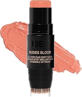 Nudies Bloom All Over Dewy Color – 3-in-1 Cream Blush Stick for Cheeks, Eyes & Lips with Built-In Brush | Sheer, Glossy Finish | Vegan, Long-Wear, Multi-Use Makeup (Sweet Peach Peony)