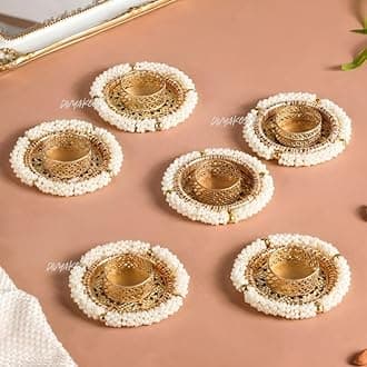 Divyakosh Metal Pearl Tea Light Holder Stand Set of 6 Pcs with Wax Candle,for Diwali,Rangoli,Handmade Tlight for Deepawali Decoration,Diya for Home Decor|Designer Holders,Multicolour