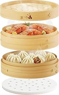 Prime Home Direct Bamboo Steamer Basket 8-Inch | 2-Tier Steamer for Cooking | 50 Liners | Small Instant Steaming Cookware Asian Food, Bao Buns, Chinese, Dim Sum, Dumpling, Rice, Vegetable Steam Pot