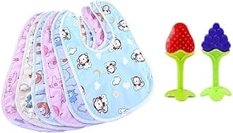 BabyGo Waterproof Baby Apron Bibs Combo | Feeding Bibs with BPA-Free Silicone Organic Teether, Soft & Reusable Cotton Meal Time Bibs for Infants & Toddlers | Teethers (Pack of 2) + Bibs (Set of 6)