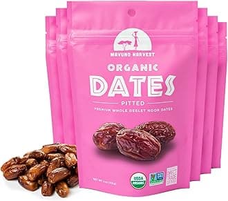 Mavuno Harvest Pitted Dates Dried Fruit Snacks | Organic Dried Dates | Healthy Snacks for Kids and Adults| Deglet Noor Dates | No Sugar Added, Vegan, Non GMO | Resealable 4 Ounce Bags, Pack of 6