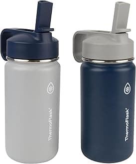 Double Wall Vacuum Insulated Stainless Steel Kids Water Bottle with Straw Lid, 14 Ounce, 2-pack, Harbor Grey/Denim