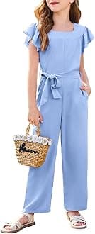 Haloumoning Girls Jumpsuit Kids Fashion Square Neck Ruffle Sleeve Belted Wide Leg Romper with Pockets