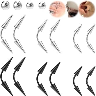 BodyAce16G Spike Eyebrow Piercing Jewelry, Curved Barbell Eyebrow Tragus Lip Rings with Balls, Black Spike Earrings Rook Nose Bridge Ring for Women Men
