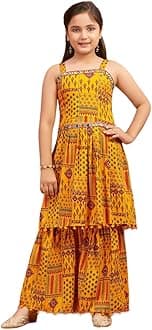 AarikaGirls Ethnic Wear Black Colour Printed/Mirror Lace Polyester Kurti Sharara Set