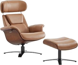 CHITA Genuine Leather Reclining Swivel Chair with Adjustable Headrest and Ottoman for Living Room, Saddle
