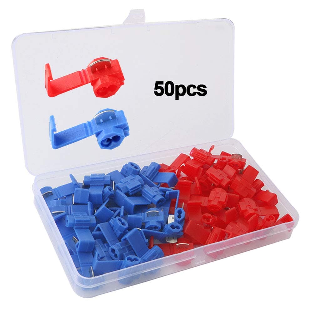 50Pcs Quick Splice Wire Connectors Set, Quick Splice Terminal, Electrical Wire Splice Connector, Quick Connector Branch Connector (25Pcs Red + 25Pcs Blue)