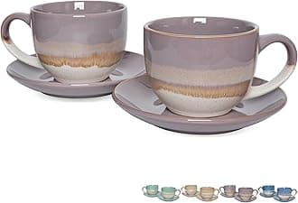 Bosmarlin Ceramic Cappuccino Cup and Saucer Set of 2, 10 Oz, Coffee Cups for Latte, Espresso, Tea, Dishwasher and Microwave Safe (Purple)