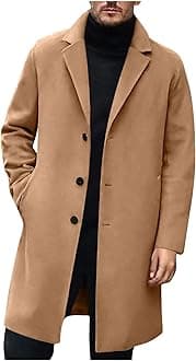 Mens Trench Coat Slim Fit Lapel Collar Fall Winter Single Breasted Pea Coat Vintage Warm Soft Overcoat with Pockets
