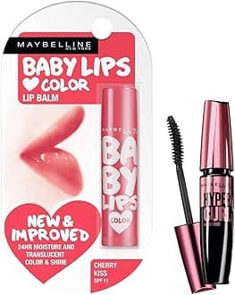 New York Baby Lips Glossy Lip Balm, Cherry Kiss, 4G And New York Hypercurl Mascara Waterproof, Black, 9.2Ml