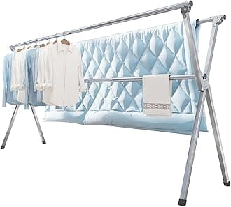 Vikaqi Clothes Drying Rack 79 Inches Folding Indoor Outdoor, Drying Rack Clothing Collapsible, Foldable Laundry Drying Rack, Heavy Duty Stainless Steel Clothesline, Garmet Rack, 20 Hooks 12 Clips