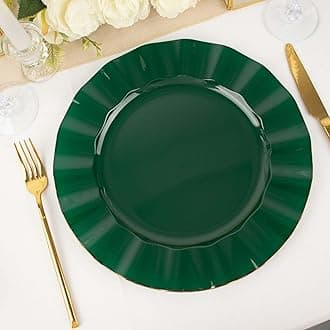 Efavormart 11" Dinner Plates – Set of 10 Plastic Hunter Green Round Disposable Plates with Gold Ruffled Rim – Elegant Tableware for Wedding Receptions, Dinner Parties, Holiday Events, and Catering