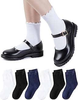 HONGTEYA 6 Pairs Girls White Ruffle Socks School Uniform Dress Socks for Kids Seamless Crew Ankle Cotton Size 4-14 Years