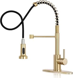DJS Kitchen Faucets with Pull Down Sprayer Brushed Gold -Single Handle 1 or 3 Holes Spring Kitchen Sink Faucet with Deck Plate for Farmhouse RV Vessel Basin