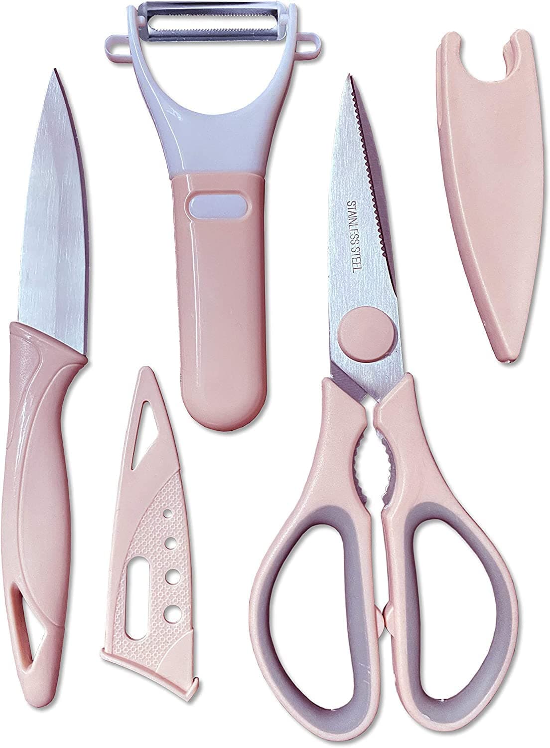 Ramkuwar Kitchen Scissors Set Poultry Shears, Paring Knife & Vegetable Peeler Stainless Steel Ultra Sharp – 3 Piece (Light Pink)