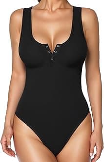 PopilushBodysuits for Women Tummy Control Henley Going Out Shirts Button Down Body Suit Casual Thong Tank Tops