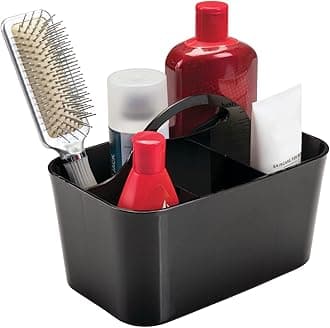 Small Plastic Shower/Bath Storage Organizer Caddy Tote with Handle for Dorm, Shelf, Cabinet - Hold Soap, Shampoo, Conditioner, Combs, Brushes, Lumiere Collection, Black