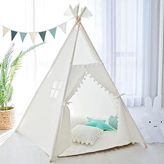 Teepee Tent for Kids-Portable Children Play Tent Indoor Outdoor (White Pompom with Mat)…